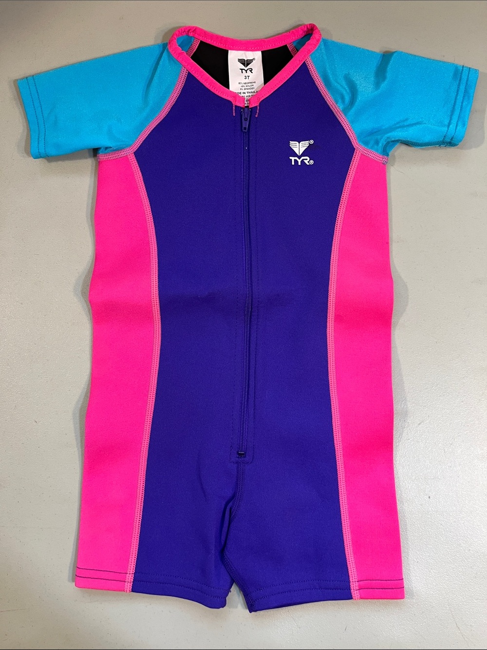 TYR Kids Short Sleeve One-Piece Rashguard - Purple/Pink/Blue